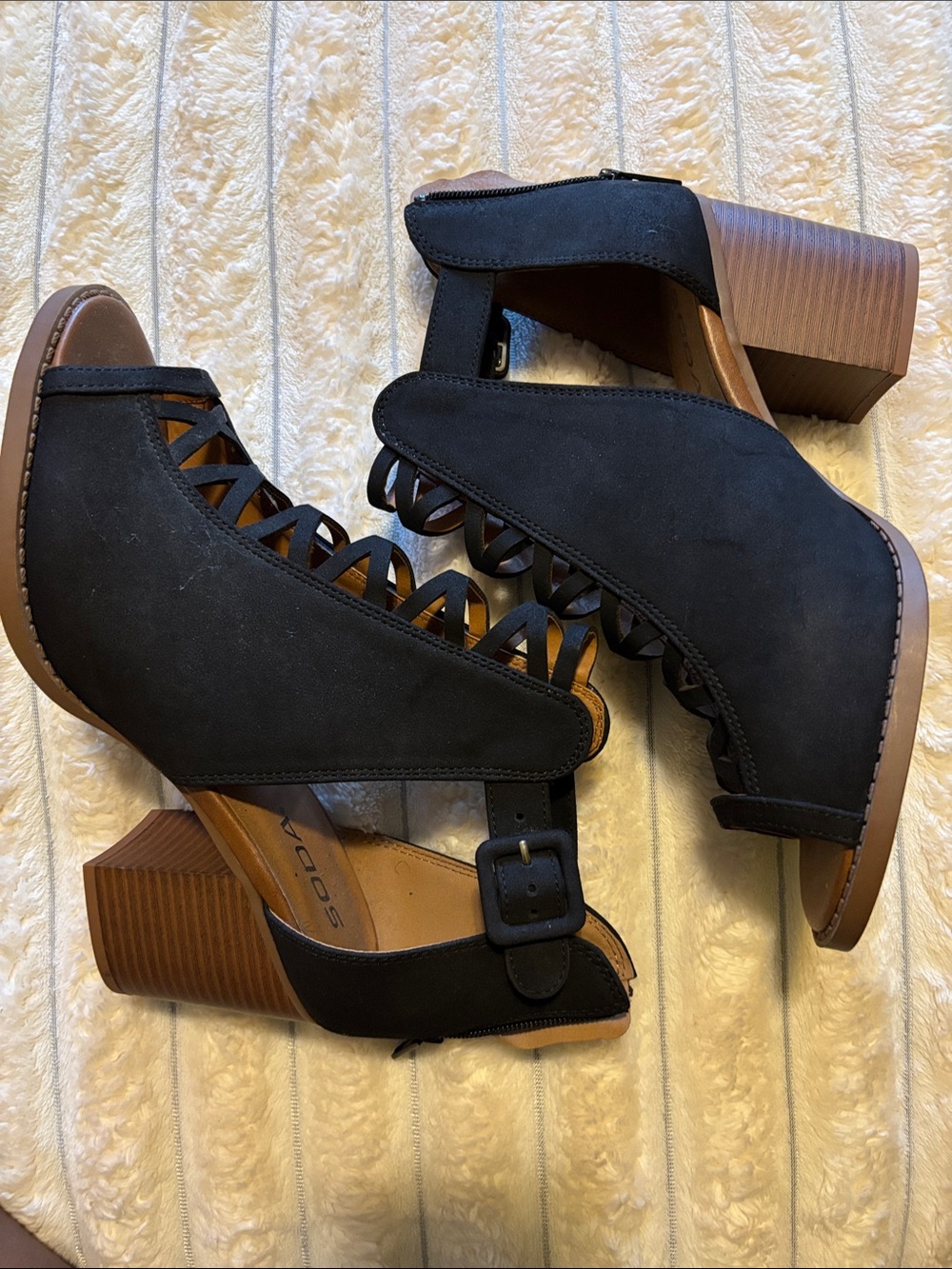 Soda Black Suede-Look Block Heel Sandals with Lace Cutouts